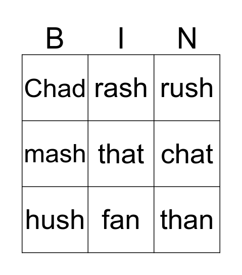 Lively Letters  sh ch th Bingo Card