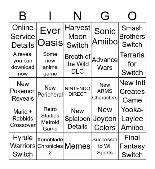 Nintendo E3 2017 Predictions Bingo Card