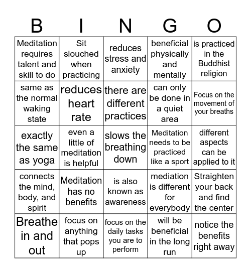 Meditation Bingo Card