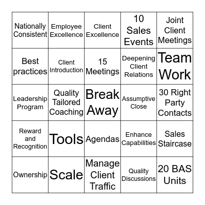 Break Away Bingo Card