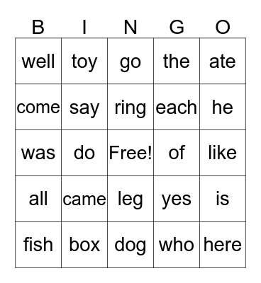 Sight Words 1 Bingo Card