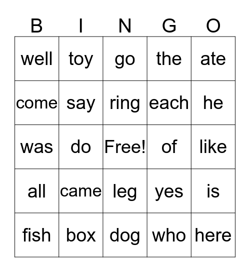 Sight Words 1 Bingo Card
