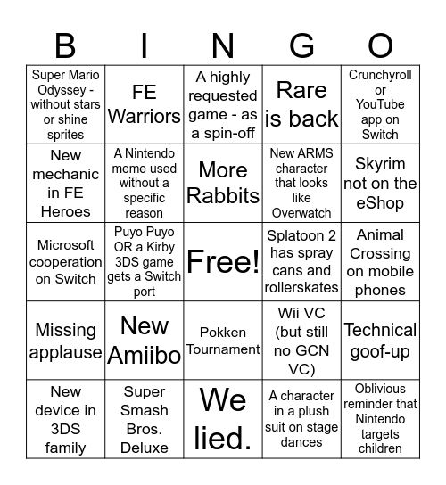 Nintendo E3 Bingo Card