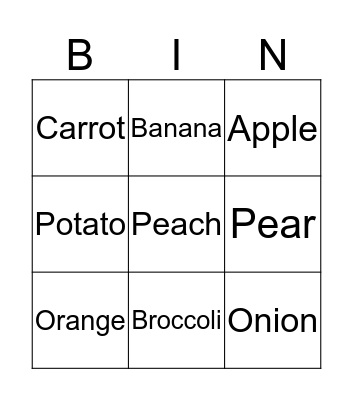 Food and Vegetables Bingo Card