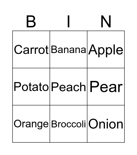 Food and Vegetables Bingo Card