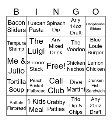 Bar Louie Bingo Card