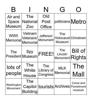 Things in Washington D.C. Bingo Card