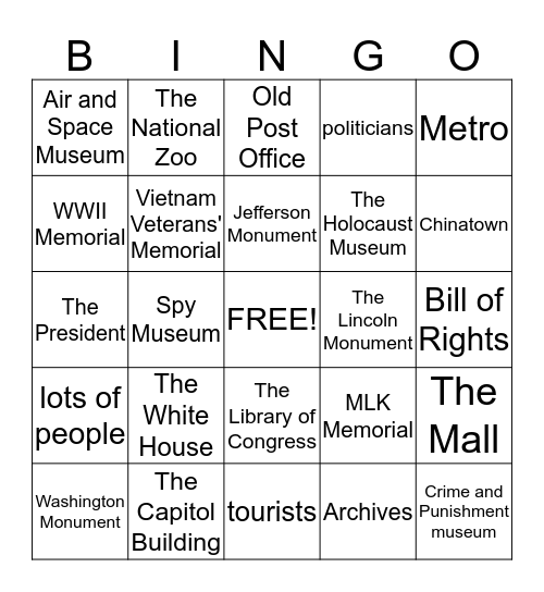 Things in Washington D.C. Bingo Card