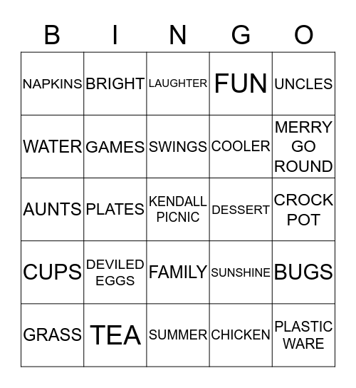 PICNIC BINGO Card