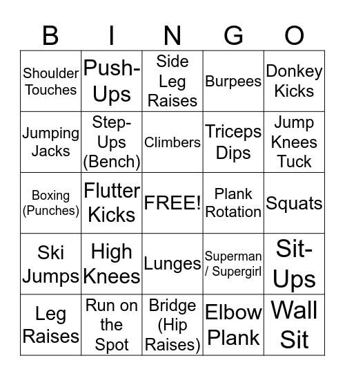 Cedarbrae Fitness Bingo Card