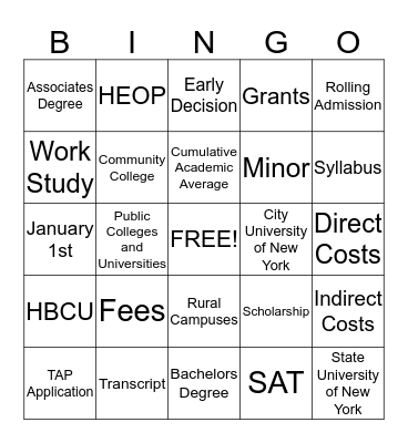 College Knowledge Bingo Card