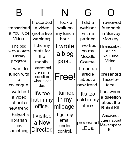 Regional Coordinator Summer 2017 Bingo! Bingo Card