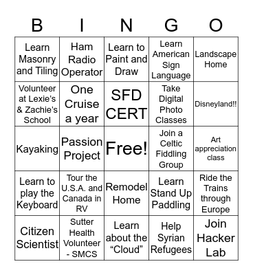 Suzanne's Bucket List Bingo Card