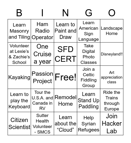 Suzanne's Bucket List Bingo Card