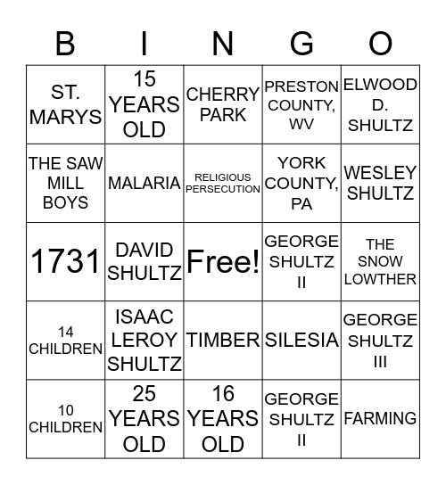SHULTZ FAMILY HISTORY Bingo Card