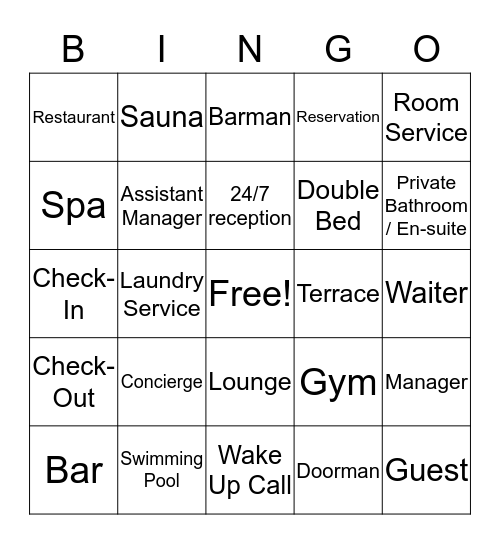 Hotel Vocabulary Bingo Card