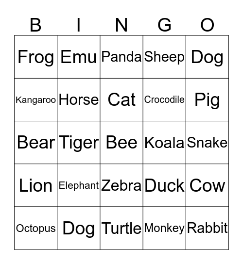 Animal BINGO Card