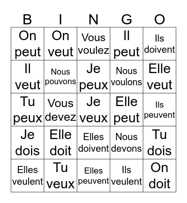 Verbs de irregulier Bingo Card