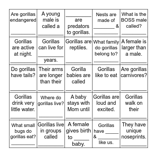 Gorillas Bingo Card
