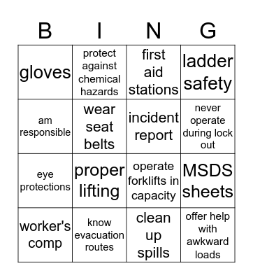 safety Bingo Card