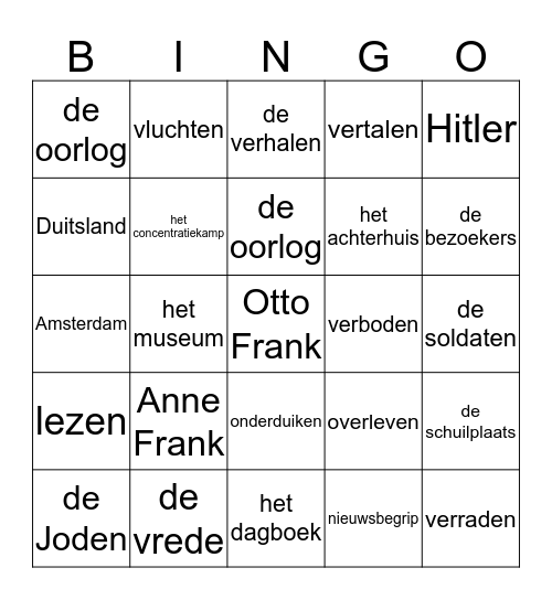 Nieuwsbegrip Anne Frank Bingo Card
