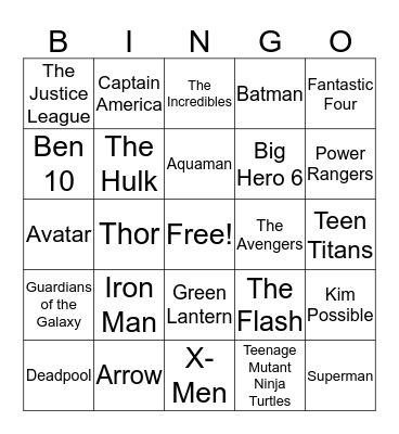 Superhero Music Bingo Card