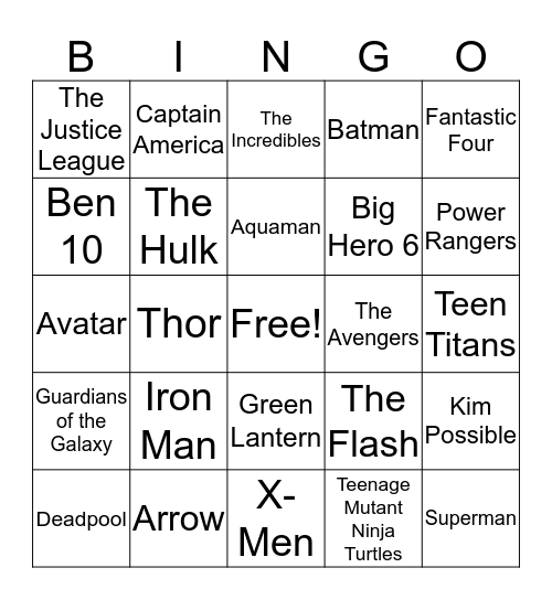 Superhero Music Bingo Card