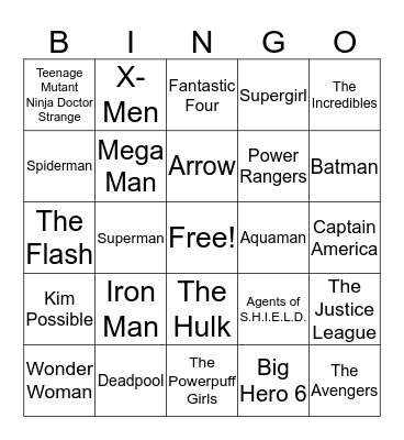 Superhero Music Bingo Card