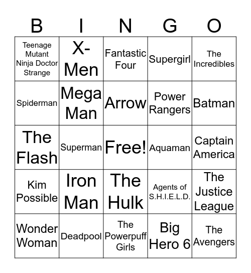 Superhero Music Bingo Card