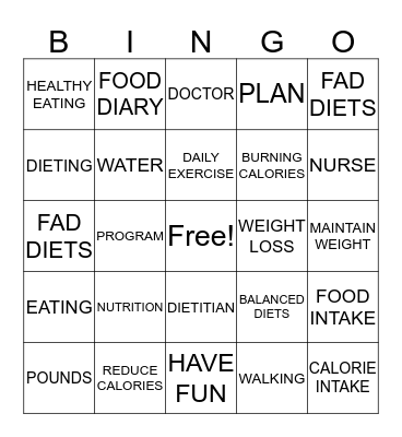 NUTRITION AND DIETING Bingo Card