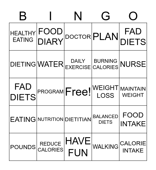 NUTRITION AND DIETING Bingo Card