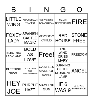 JIMI HENDRIX BINGO Card