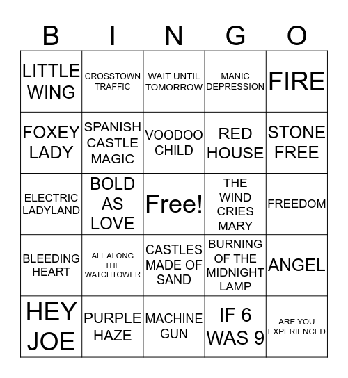 JIMI HENDRIX BINGO Card