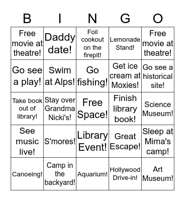 Summer Boredom Busters! Bingo Card