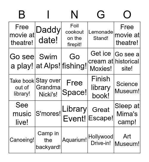 Summer Boredom Busters! Bingo Card