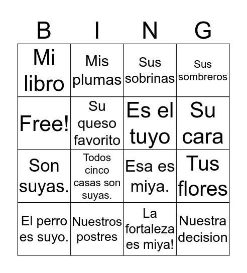 Possessive from Spanish Bingo Card