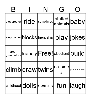 Childhood English Bingo Card