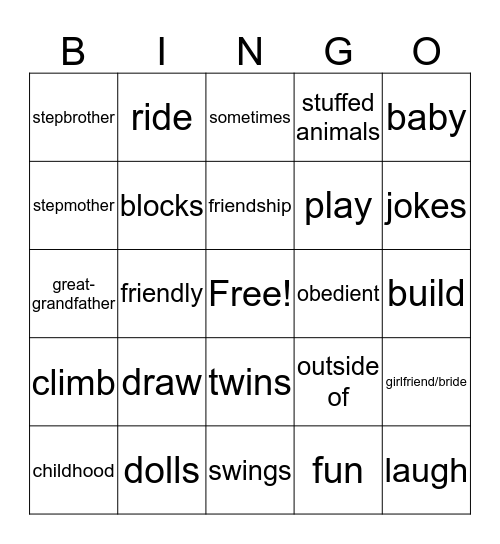 Childhood English Bingo Card