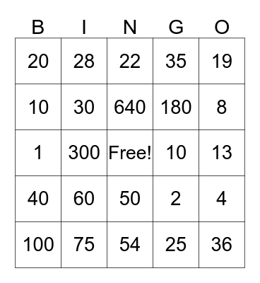 Fractions Bingo Card