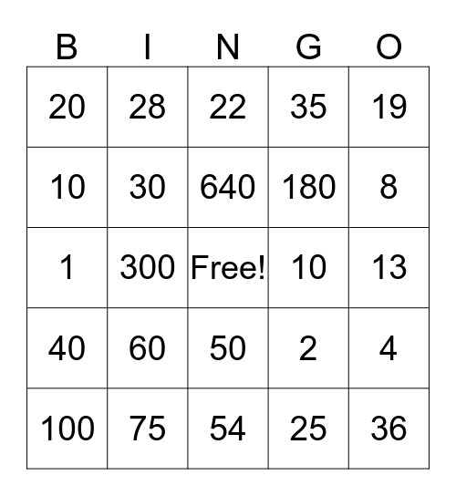 Fractions Bingo Card