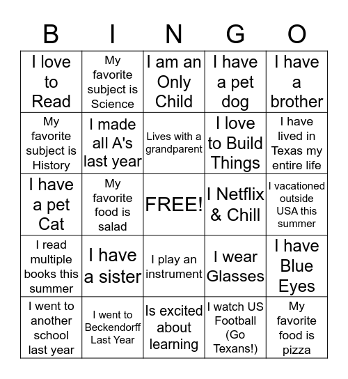 Get to Know You Bingo! Bingo Card