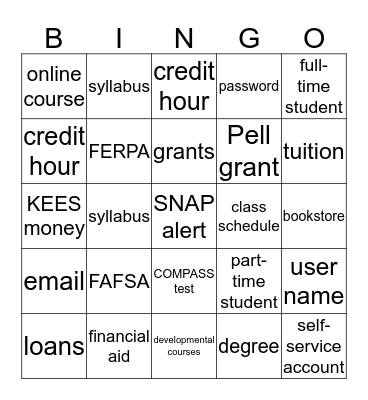 College Survival 101 Bingo Card