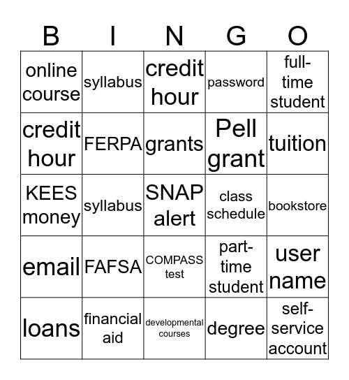 College Survival 101 Bingo Card