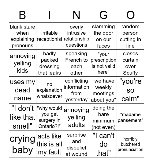 Quebec clinic bingo Card