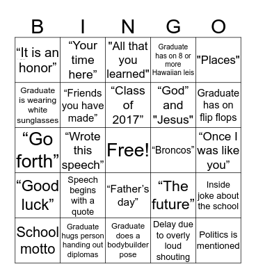 Graduation Bingo Card