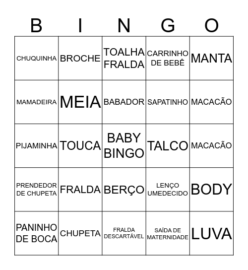 BABY BINGO!! Bingo Card