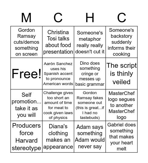 MasterChef Bingo Card