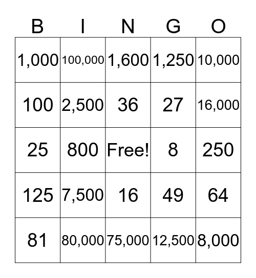 Exponents Bingo Card