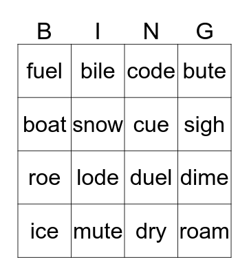 long vowels i,o.u Bingo Card