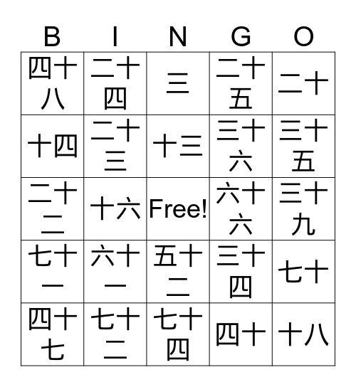 Numbers (1-75) Bingo Card